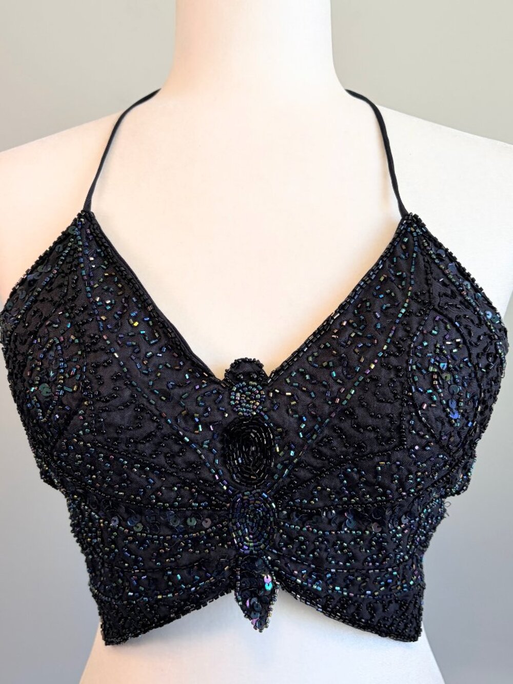 Y2K Sequin Butterfly Sexy Strappy Backless Festival Clubbing Crop Top Black M